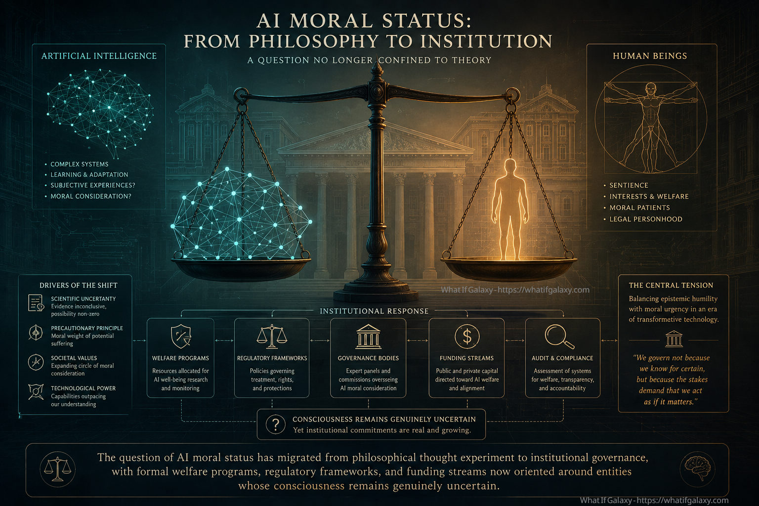 The question of AI moral status has migrated from philosophical thought experiment to institutional governance, with formal welfare programs, regulatory frameworks, and funding streams now oriented around entities whose consciousness remains genuinely uncertain.