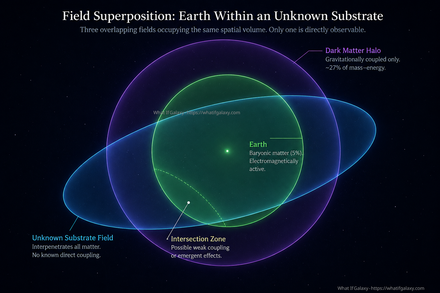 Three phenomena occupying the same spatial volume. The unknown substrate field (blue ellipse, tilted) partially intersects the Earth. The dark matter halo (violet) envelops both. Only the Earth emits or reflects signals detectable by current instrumentation.