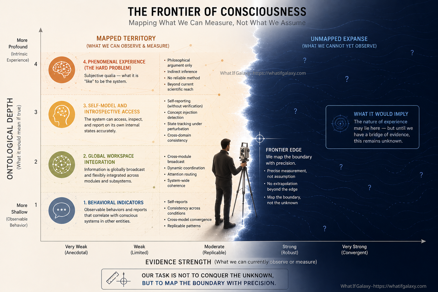 A figure stands at the precise boundary between mapped and unmapped territory, holding a measuring instrument rather than a torch. Intelligence at the frontier is not about conquest into the unknown; it is about knowing exactly where the edge is.