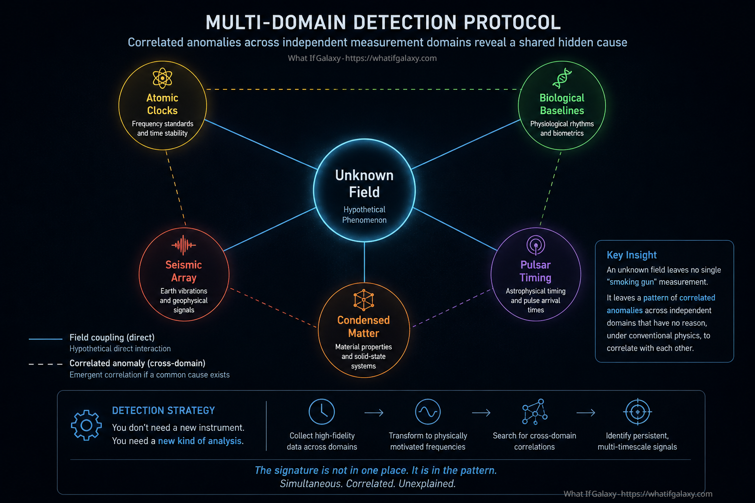 A multi-domain detection protocol for an unknown field. The central node represents the hypothetical phenomenon. Outer nodes represent existing, independent measurement domains. Solid lines show hypothetical direct coupling. Dashed lines show cross-domain correlations that would emerge in the data if a common hidden cause were present. The strategy does not require knowing what the field is — only that its signature should appear simultaneously across otherwise unconnected systems.